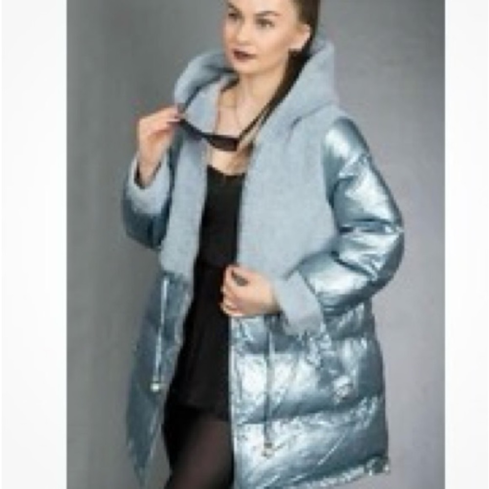 Hooded Metallic Light Blue Puffer Coat with Shearling Trim